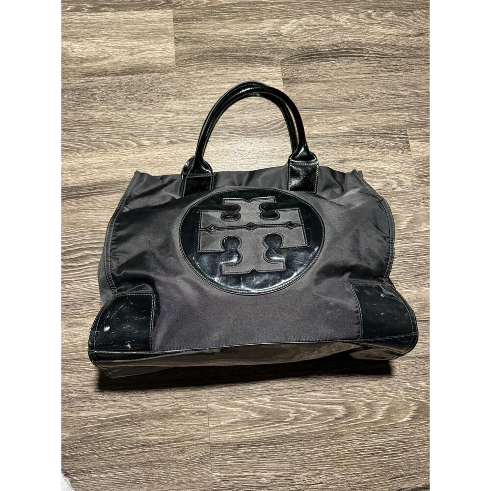 Tory Burch Ella Nylon Patent Tote Bag Black Large Shoulder Bag Gold Logo